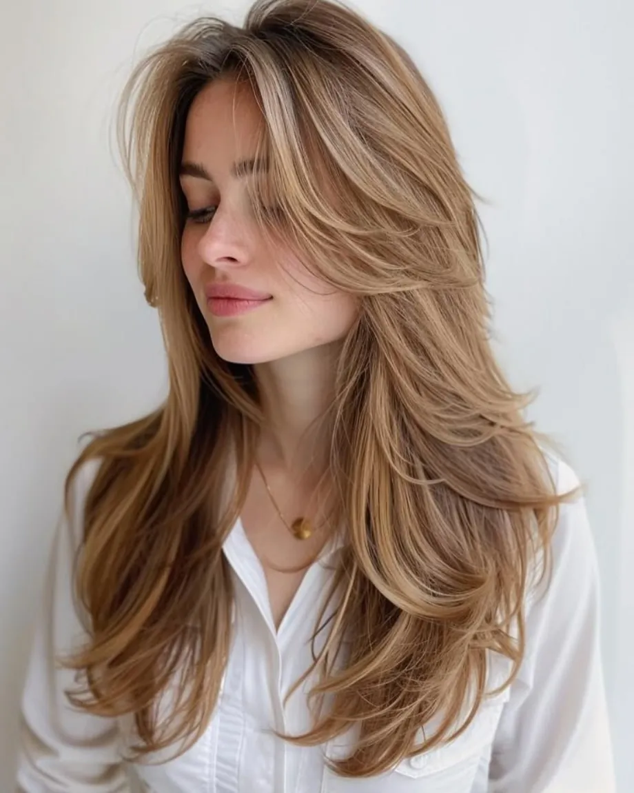Feathered long layers with sweeping face frame