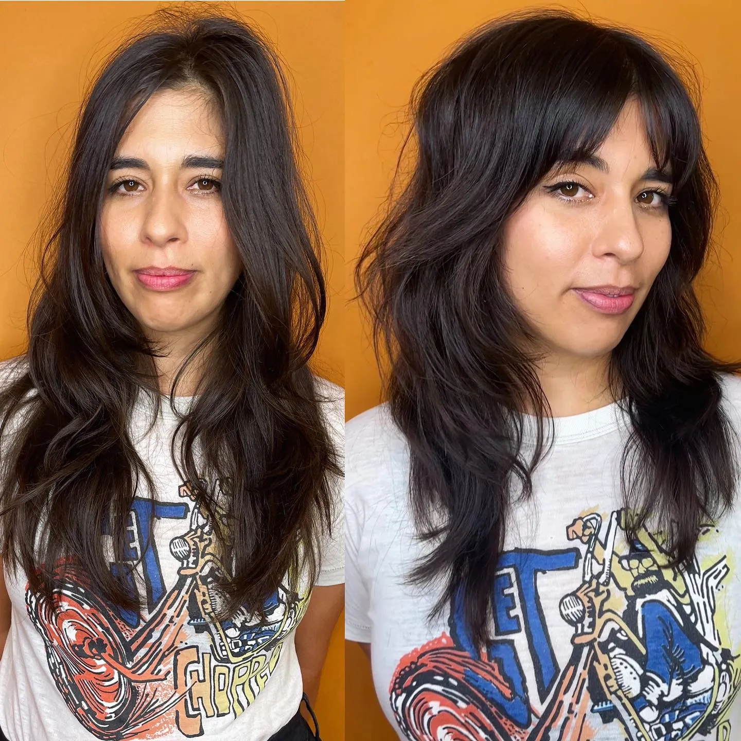 Layered shag with bangs and textured shoulder-length shape