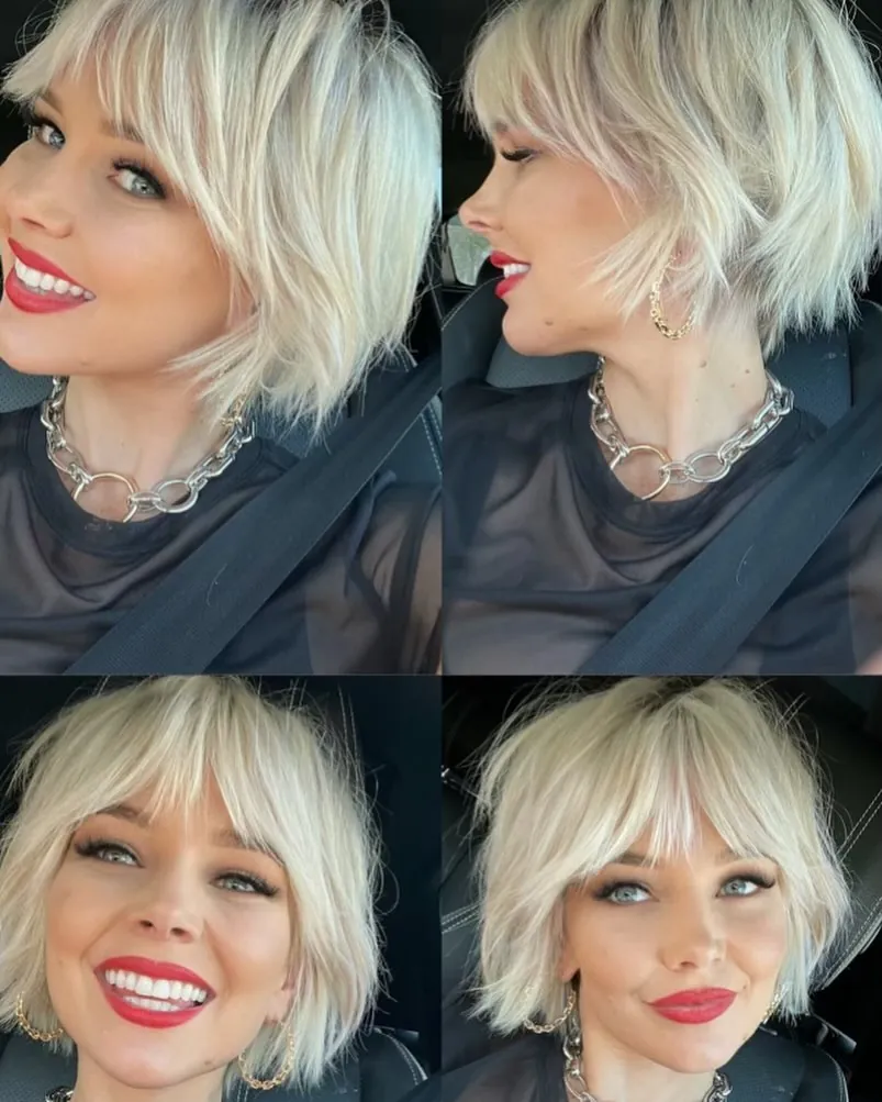 Platinum bixie with feathered fringe and textured flipped ends