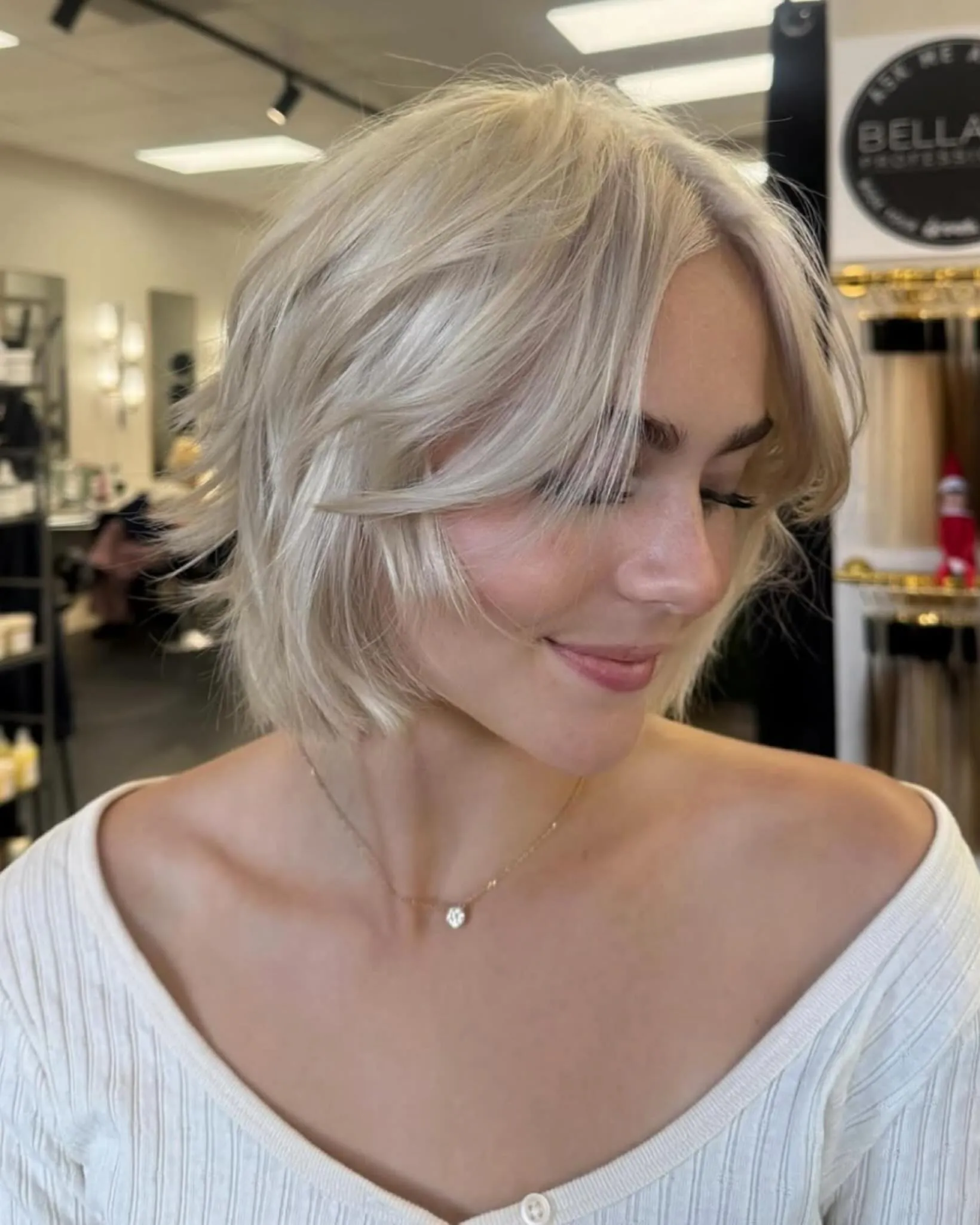 Airy blonde bixie with jaw-length face-framing layers