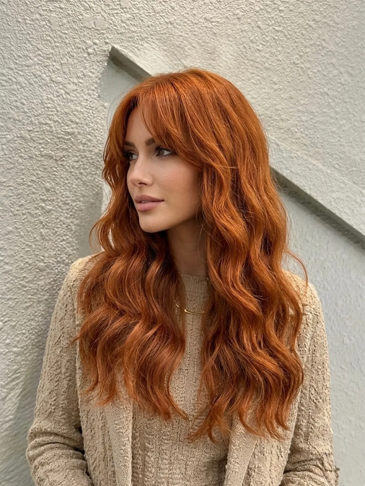 Long copper-red waves with soft bangs