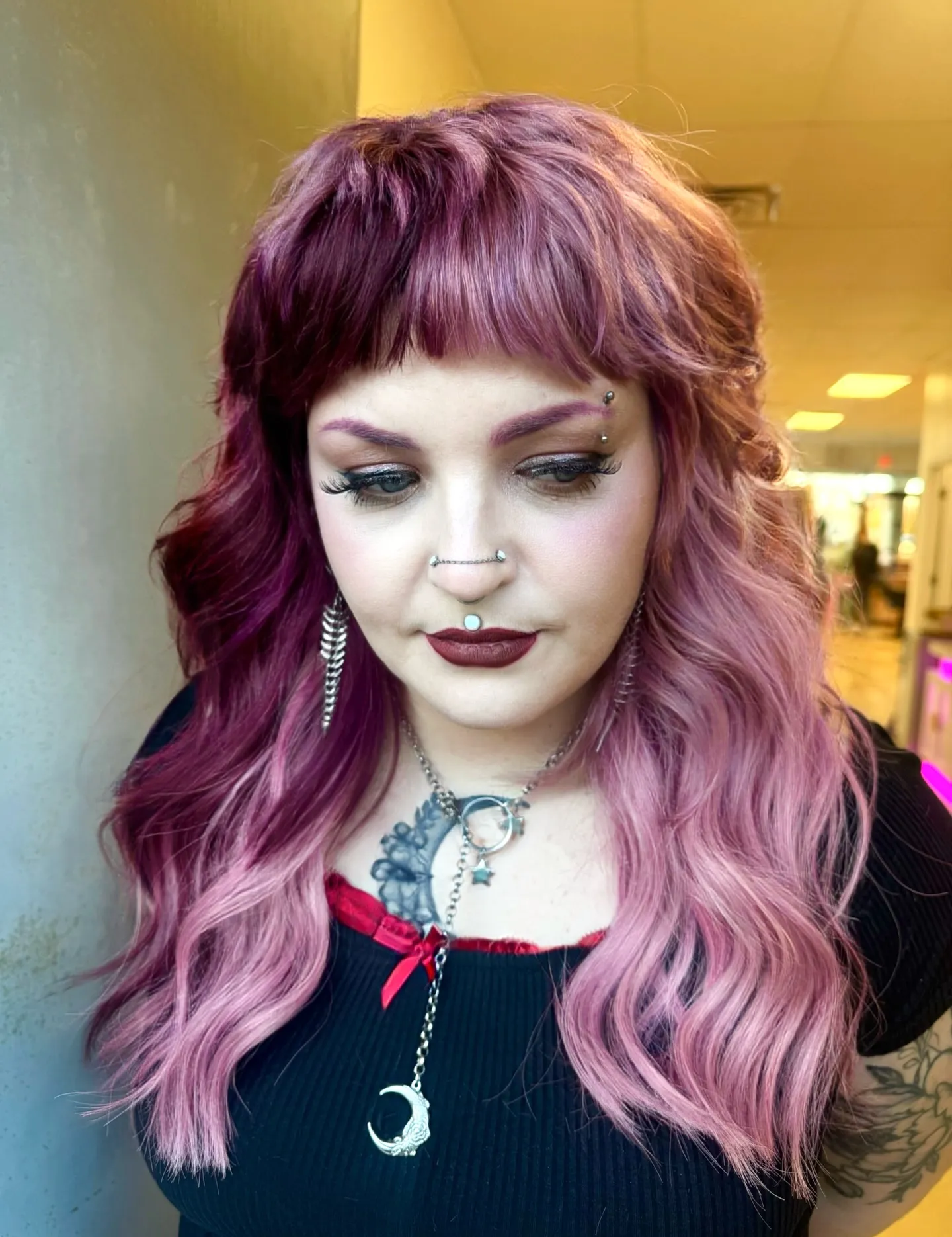 Long purple to pink waves with bangs