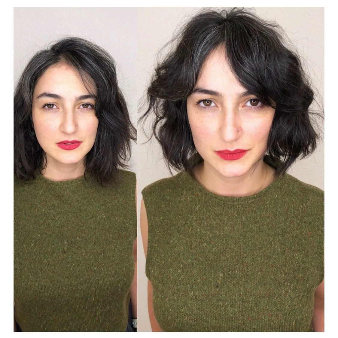 Wavy bob with centre-parted curtain fringe