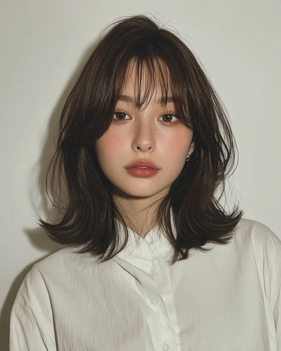 Dark shag with wispy bangs and flipped shoulder-length ends