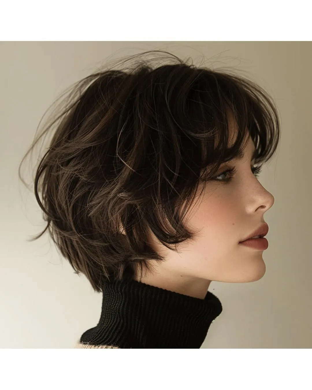 Dark brown layered micro bob with rounded volume and sweeping fringe