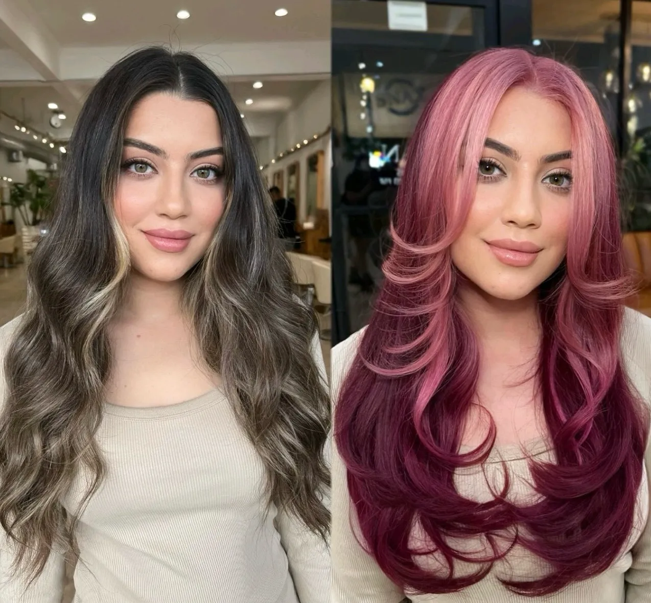 Before-and-after long hair transformation to magenta layered blowout