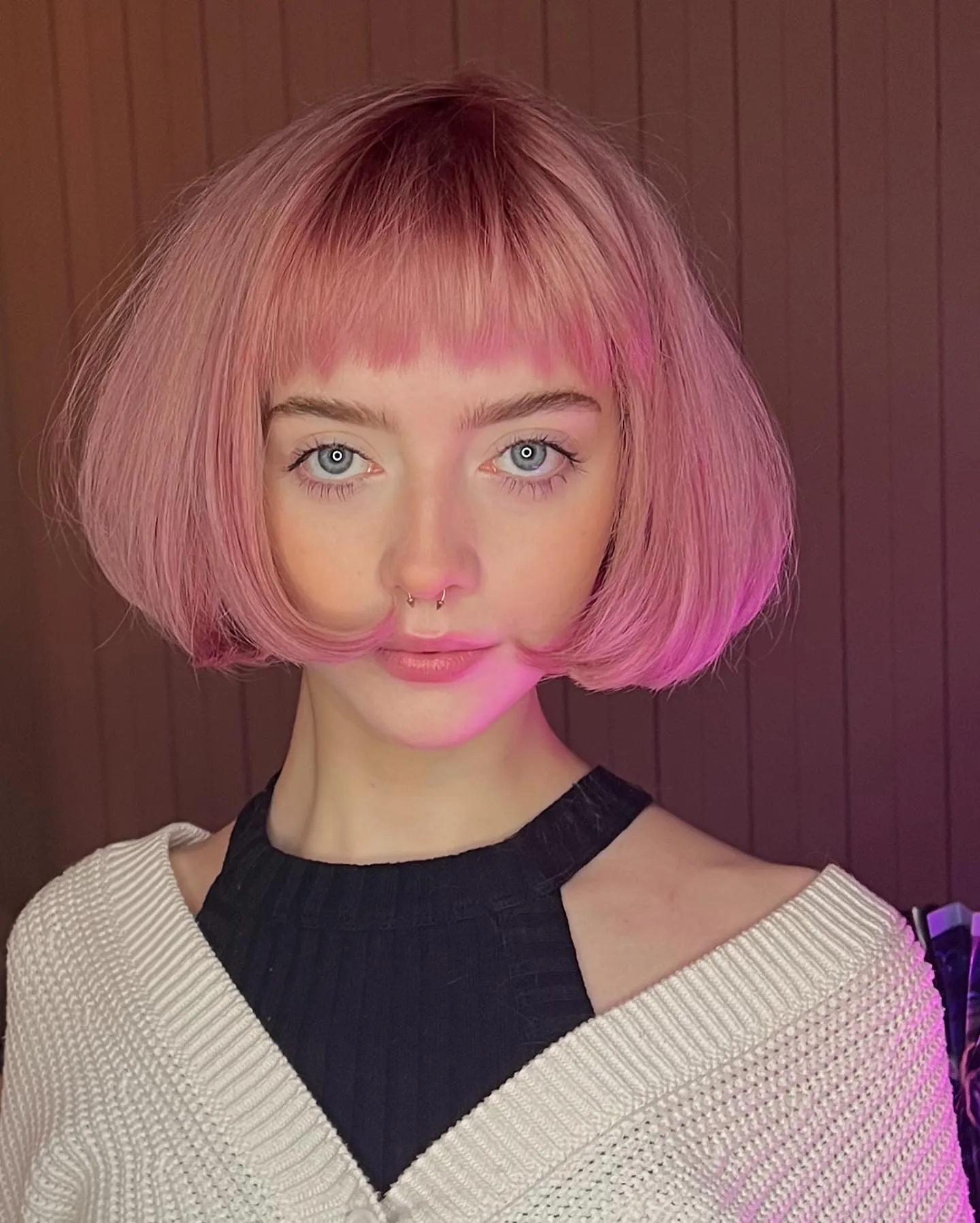 Soft pink rounded bob with short fringe
