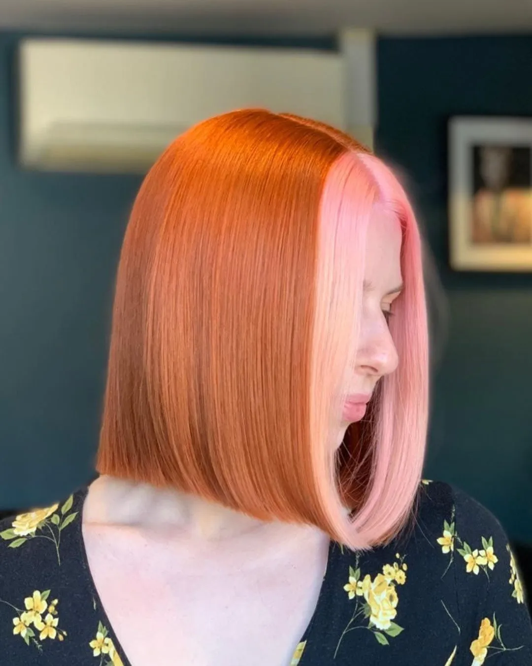 Straight midi bob with orange and pastel pink split colour