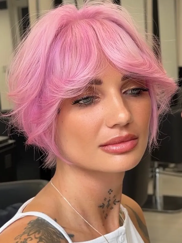 Bright pink layered bob with curtain fringe