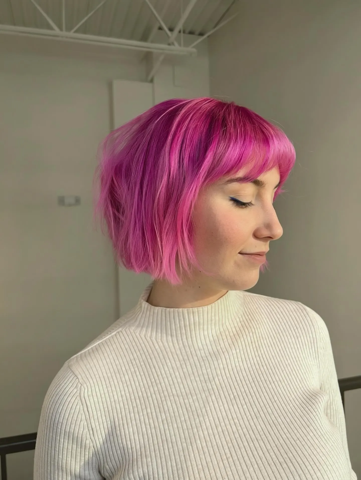 Pink and purple graduated bob with short fringe