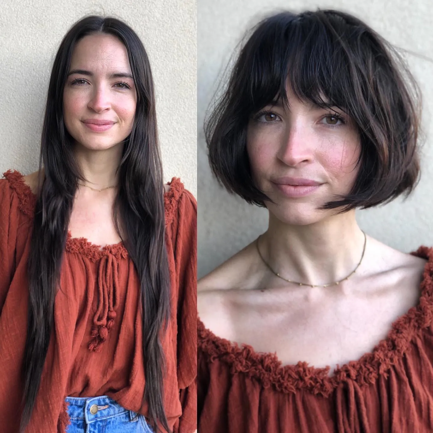 Soft dark razor cut bob with rounded shape and wispy fringe