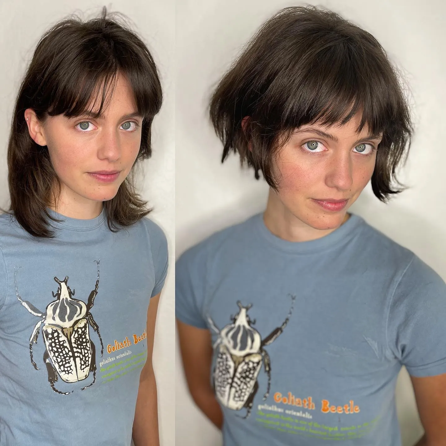 Short shaggy razor cut bob with full fringe and flicked layered ends