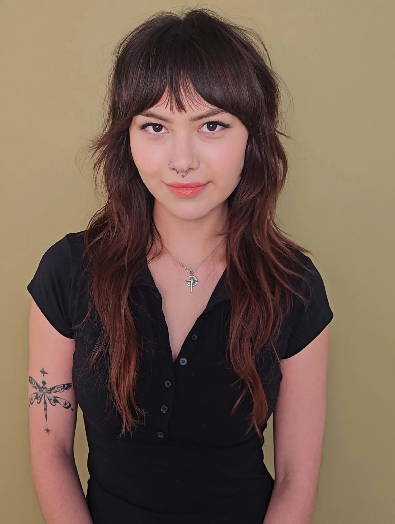 Long layered shag with split fringe and tapered ends