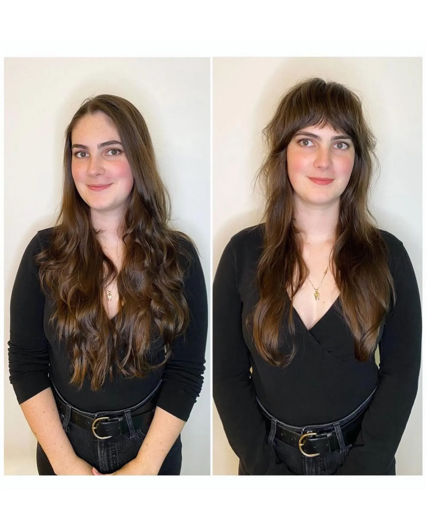 Long shag transformation with full fringe and face-framing crown layers