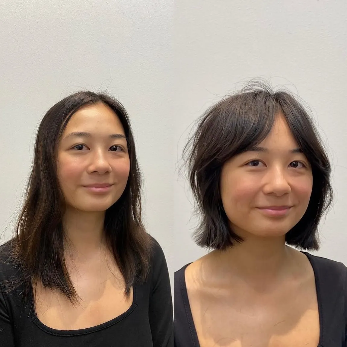 Before and after short bob transformation with centre-parted curtain bangs