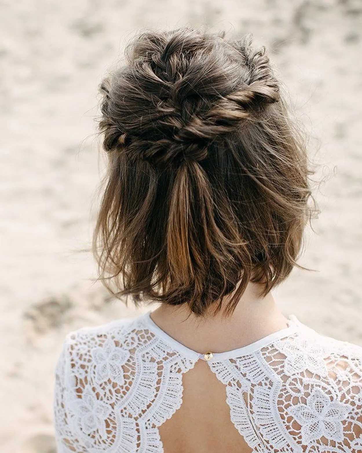 textured half-up bridal bob with twisted crown