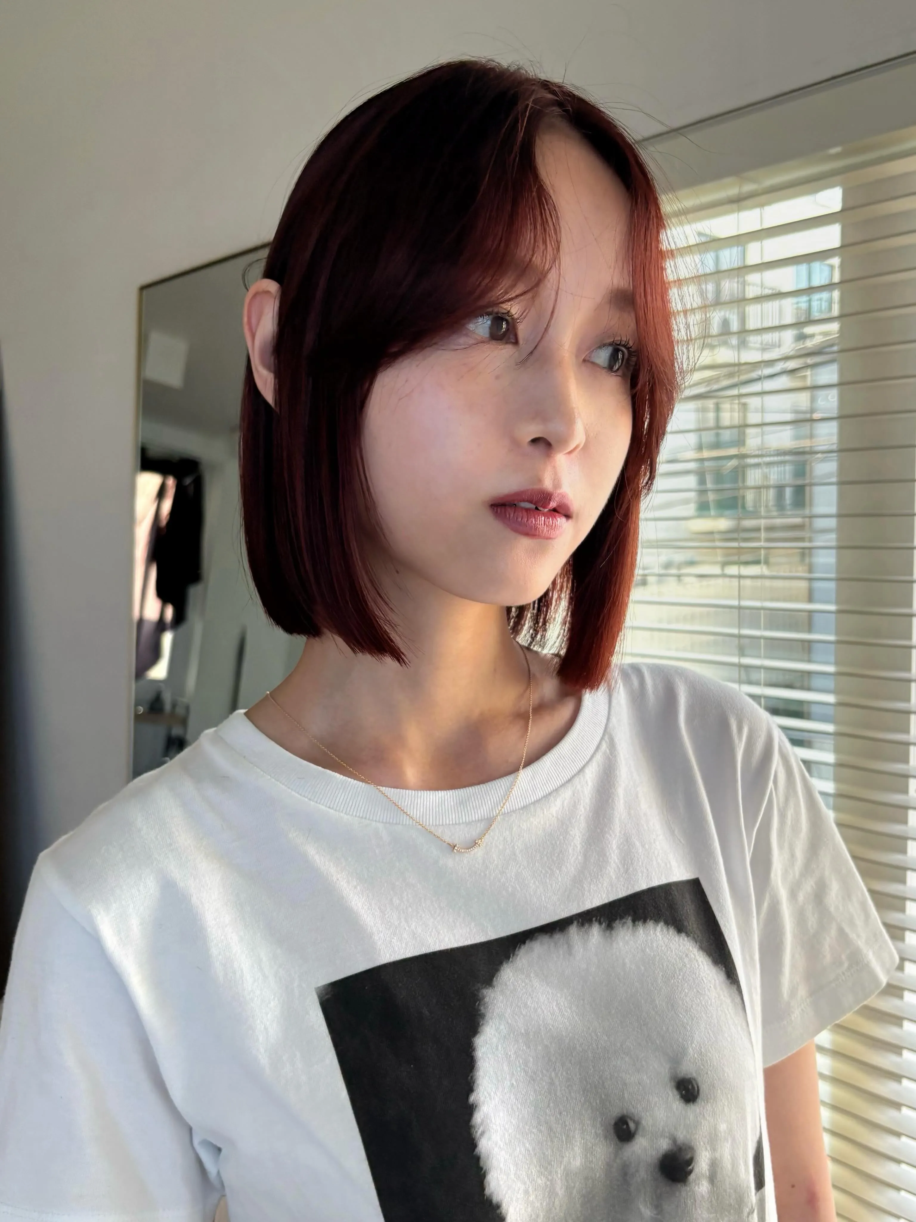 Auburn chin-length bob with parted curtain bangs