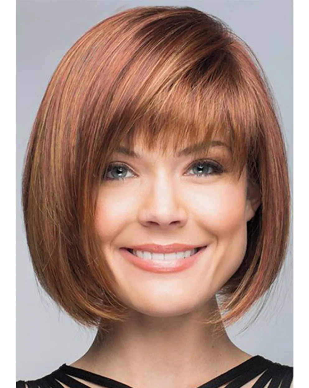 Copper rounded bob with full side-swept bangs