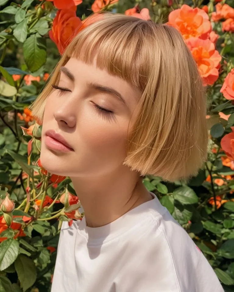 Short blonde blunt bob with straight full bangs