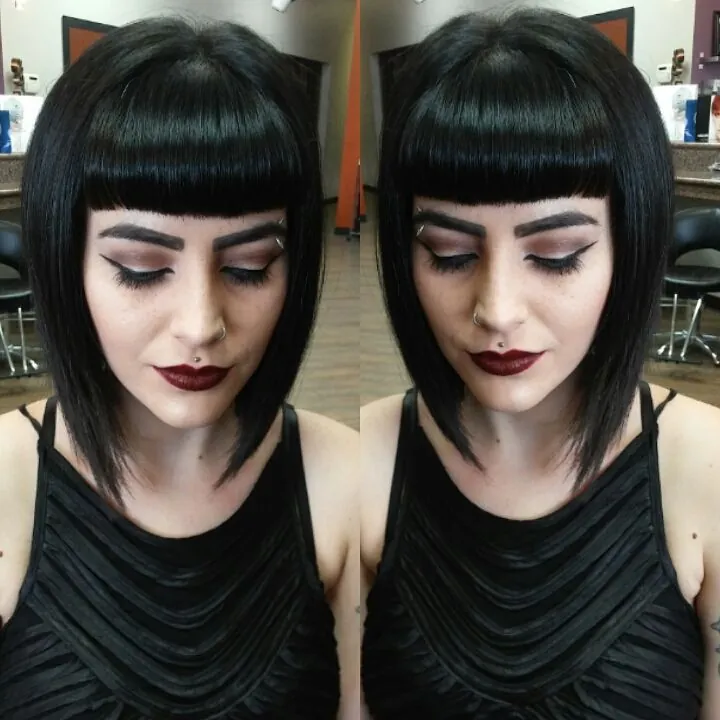 Black angular bob with short blunt bangs