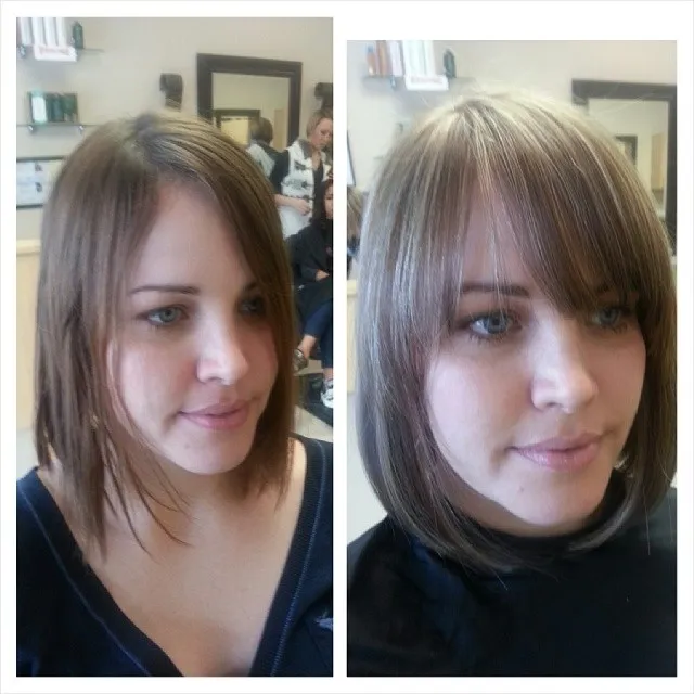 Before and after rounded bob with full side-swept fringe