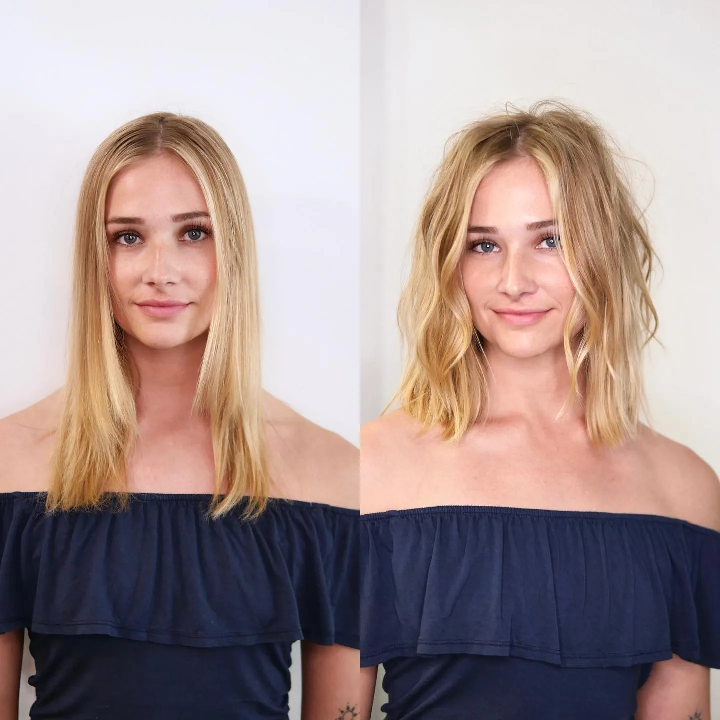Before and after shoulder-length lob styled with loose waves