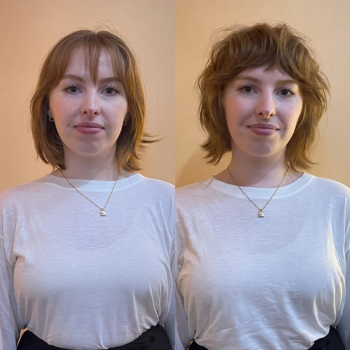 Before and after shaggy bob transformation with wispy fringe and flicked layers