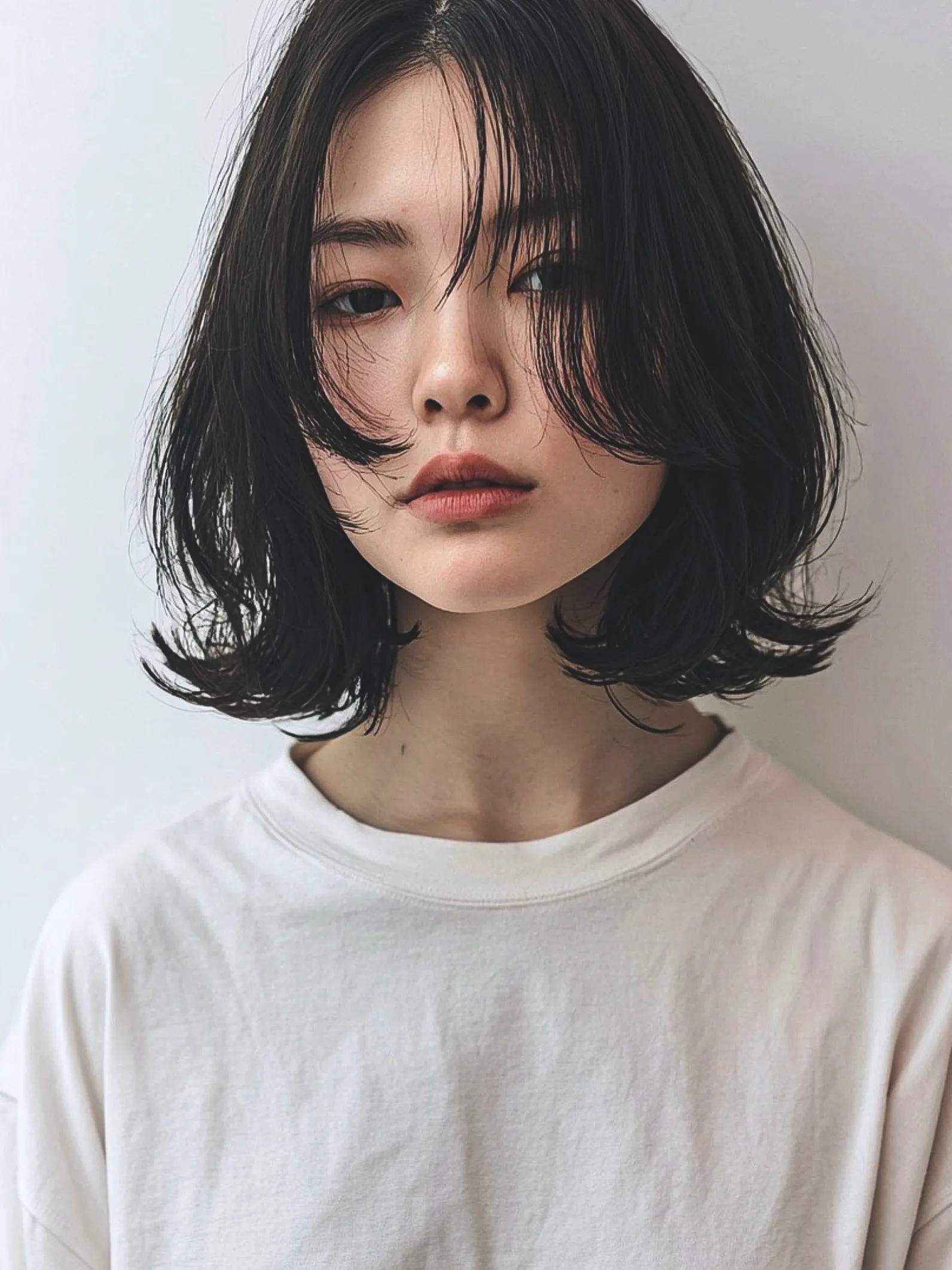 Rounded centre-parted lob with inward face-framing pieces and flipped ends
