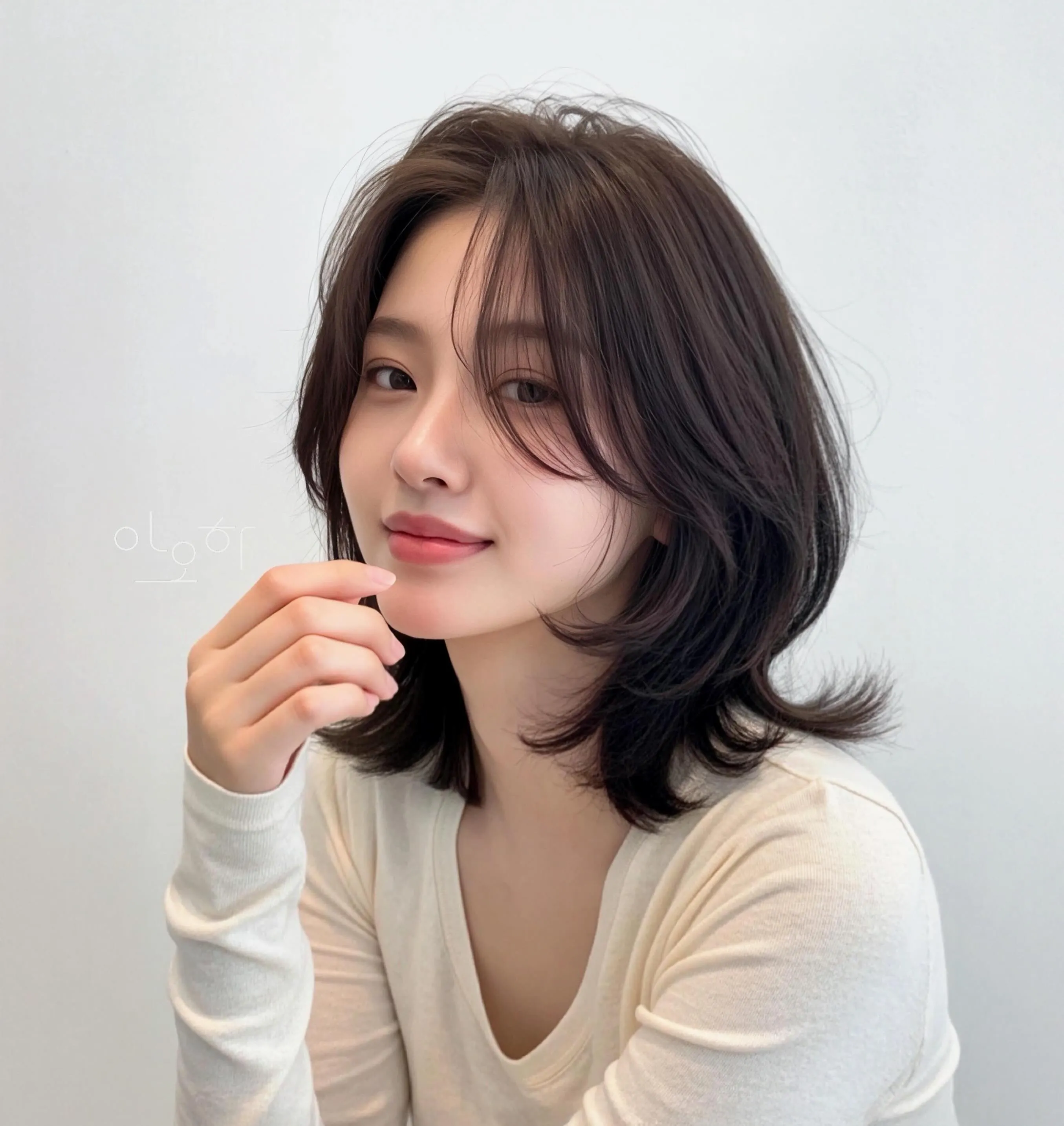 Feathered shoulder-length cut with long curtain layers and flipped ends