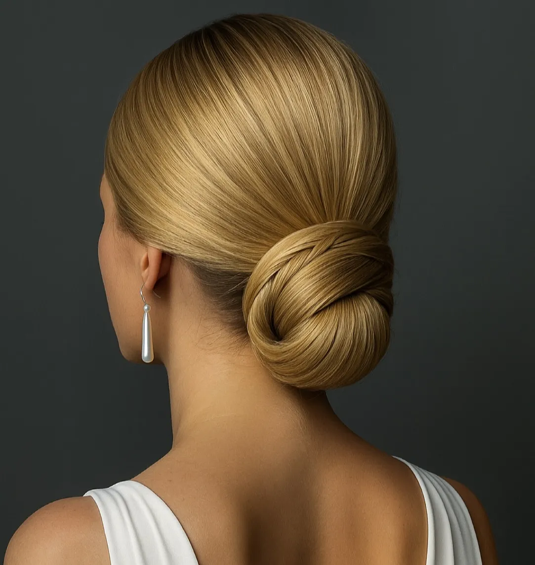 Sleek blonde bridal low knot with a smooth wrapped finish