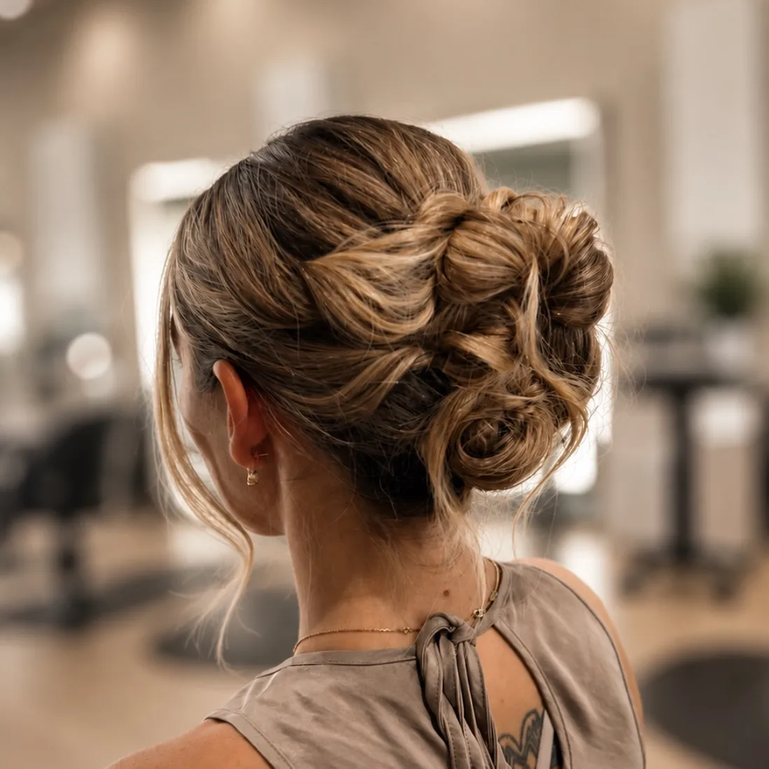 Brunette sculpted bridal bun with looped twisted sections