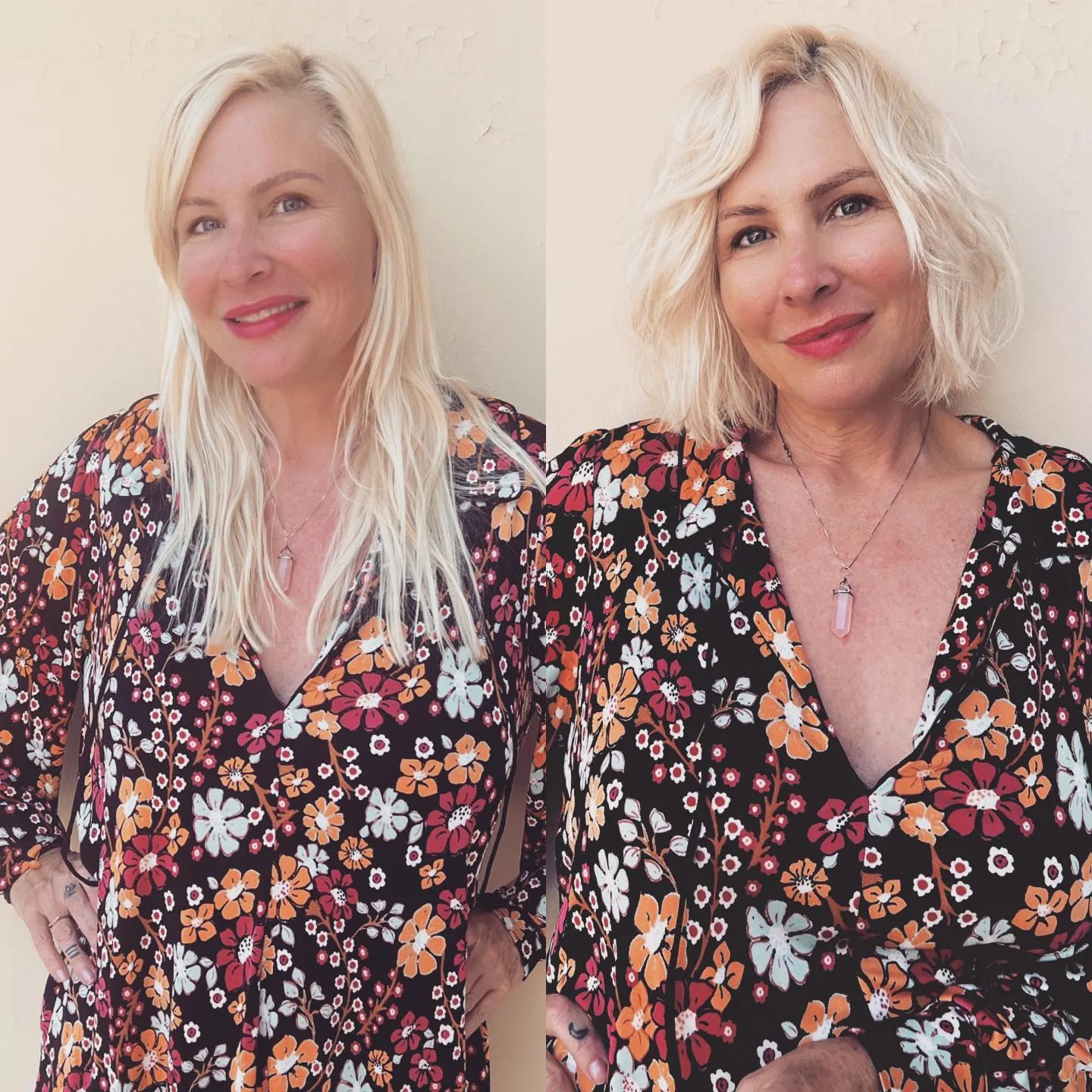 Before-and-after blonde bob transformation with soft loose waves