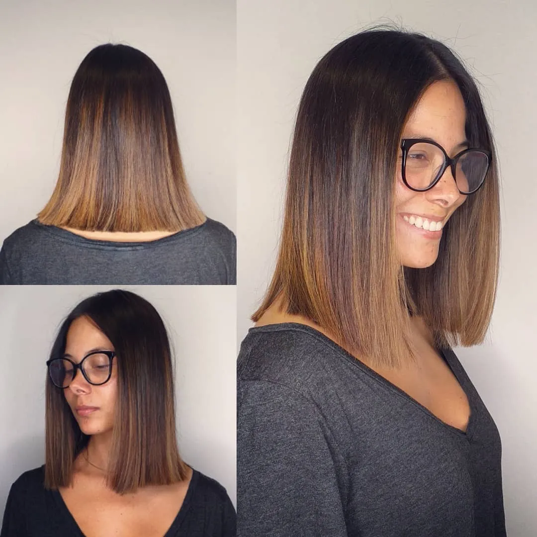 Straight brunette bob with darker roots and lighter ombre ends