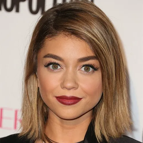 Highlighted brunette straight bob with soft face-framing pieces
