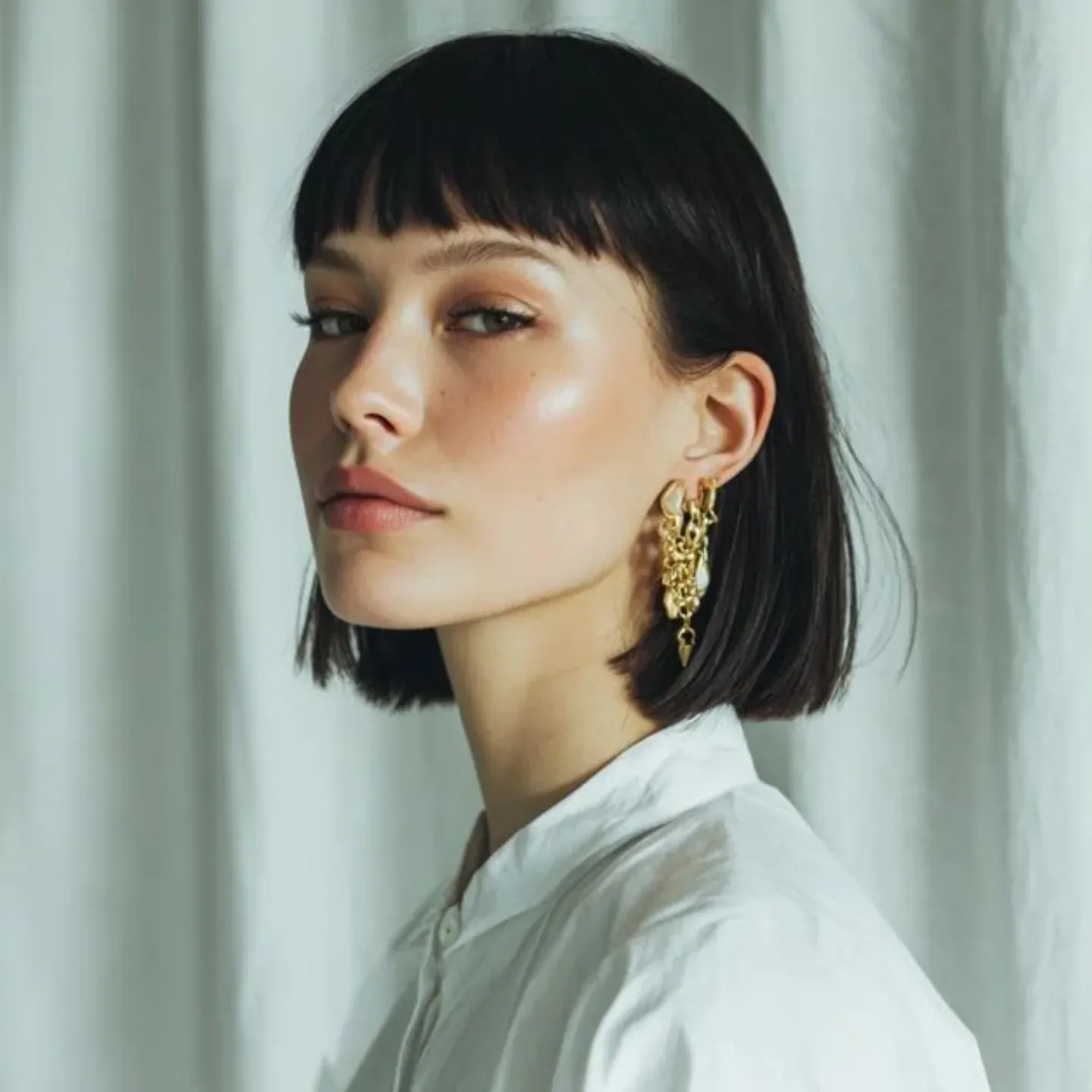 Black straight bob with blunt micro fringe and jaw-length ends