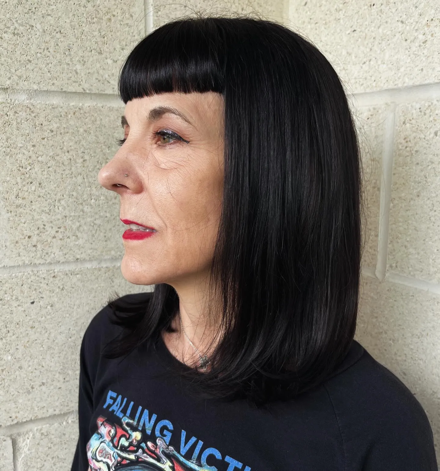 Black straight long bob with blunt micro bangs