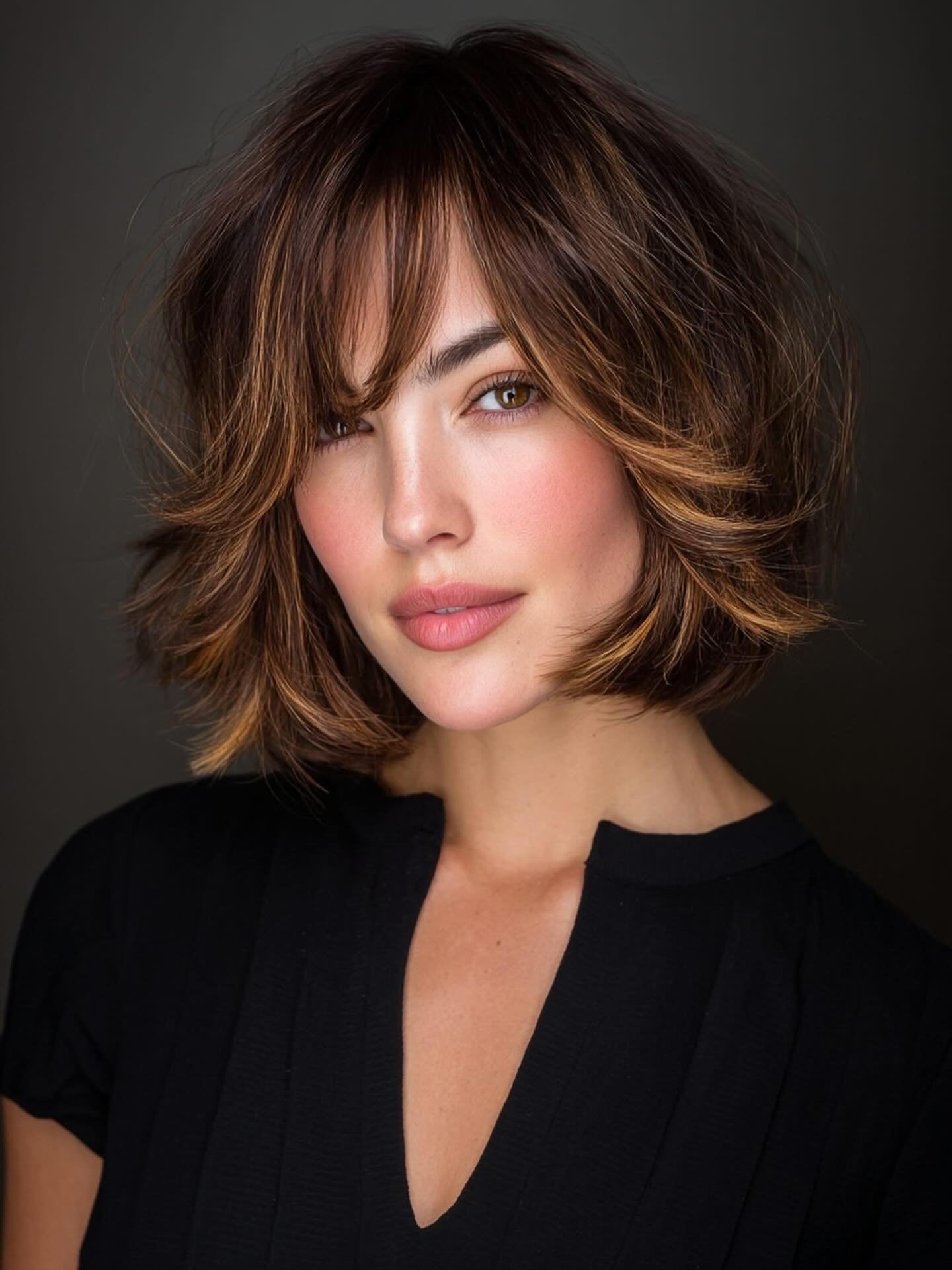 Rounded layered bob with sweeping fringe and feathered sides