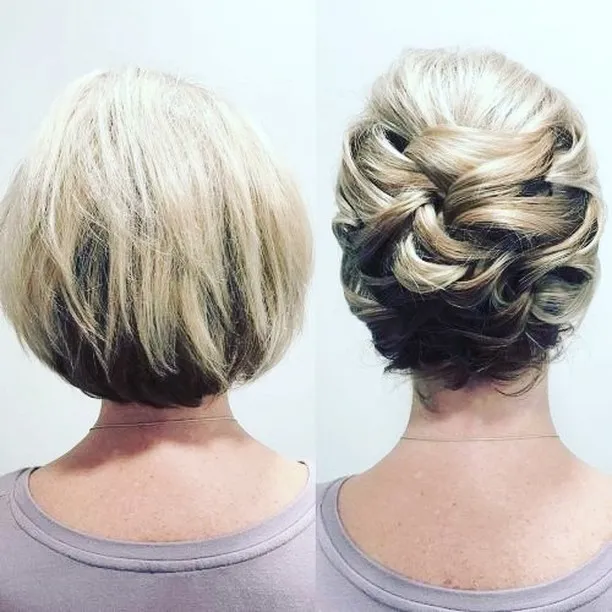 Short bob transformed into a woven pinned wedding updo