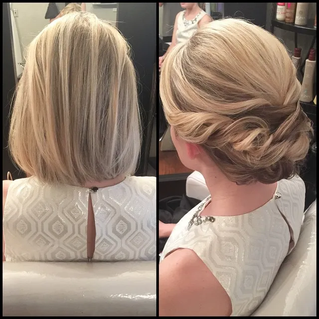 Short blonde bob transformed into a soft rolled low updo