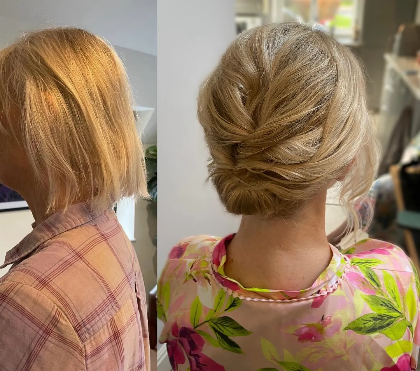 Short blonde bob transformed into a tucked low wedding updo