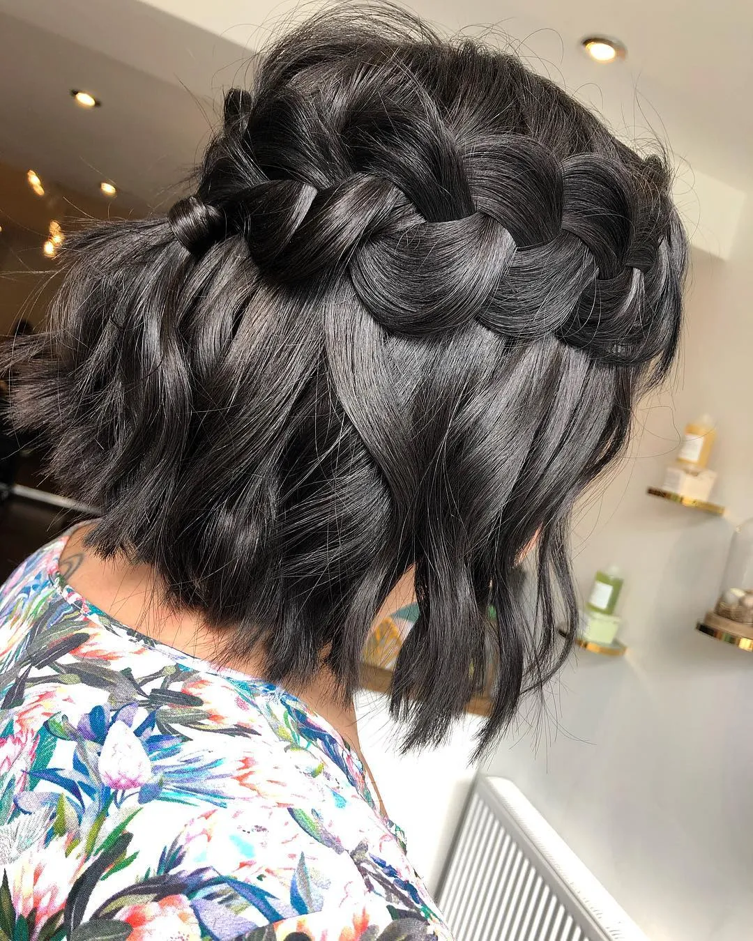 Double-braided crown on a wavy bob