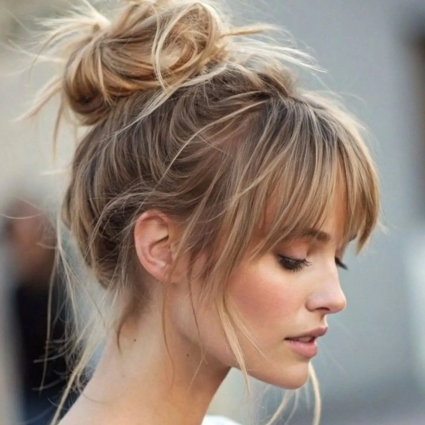 Airy blonde high bun with wispy bangs and long face-framing tendrils