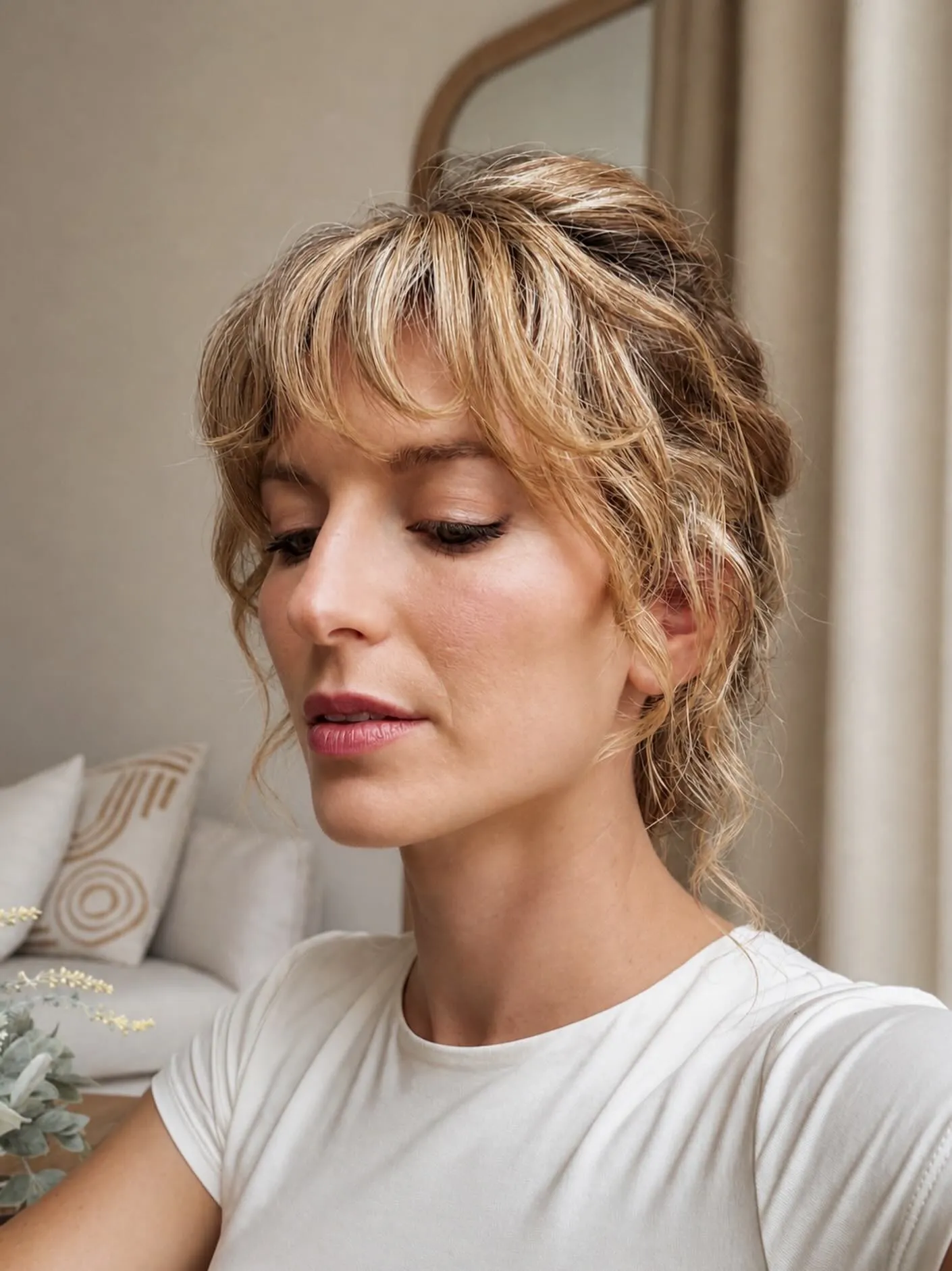 Loose textured bridal updo with a full wispy fringe and soft side pieces