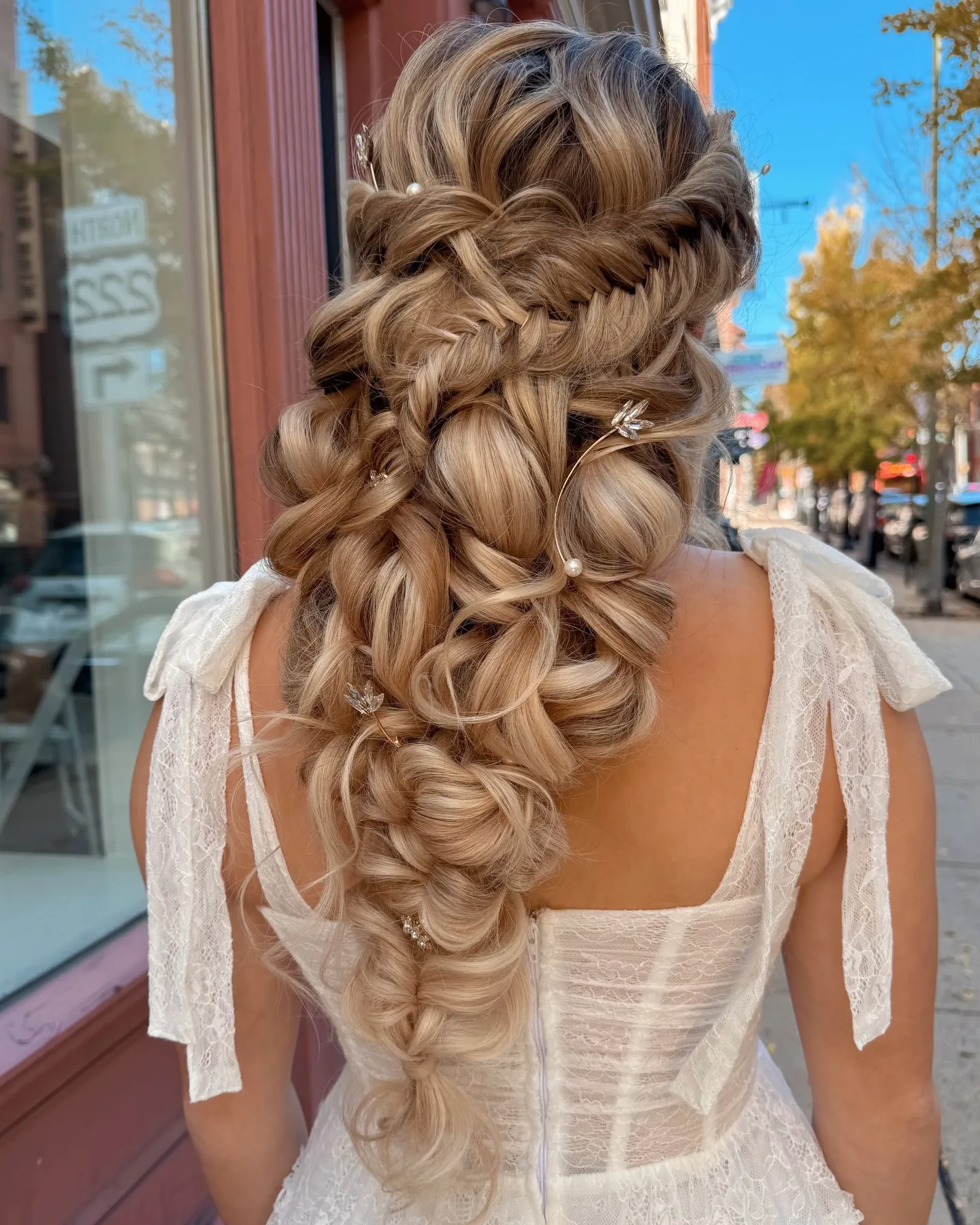 Chunky pull-through bridal braid with pearl and crystal accents
