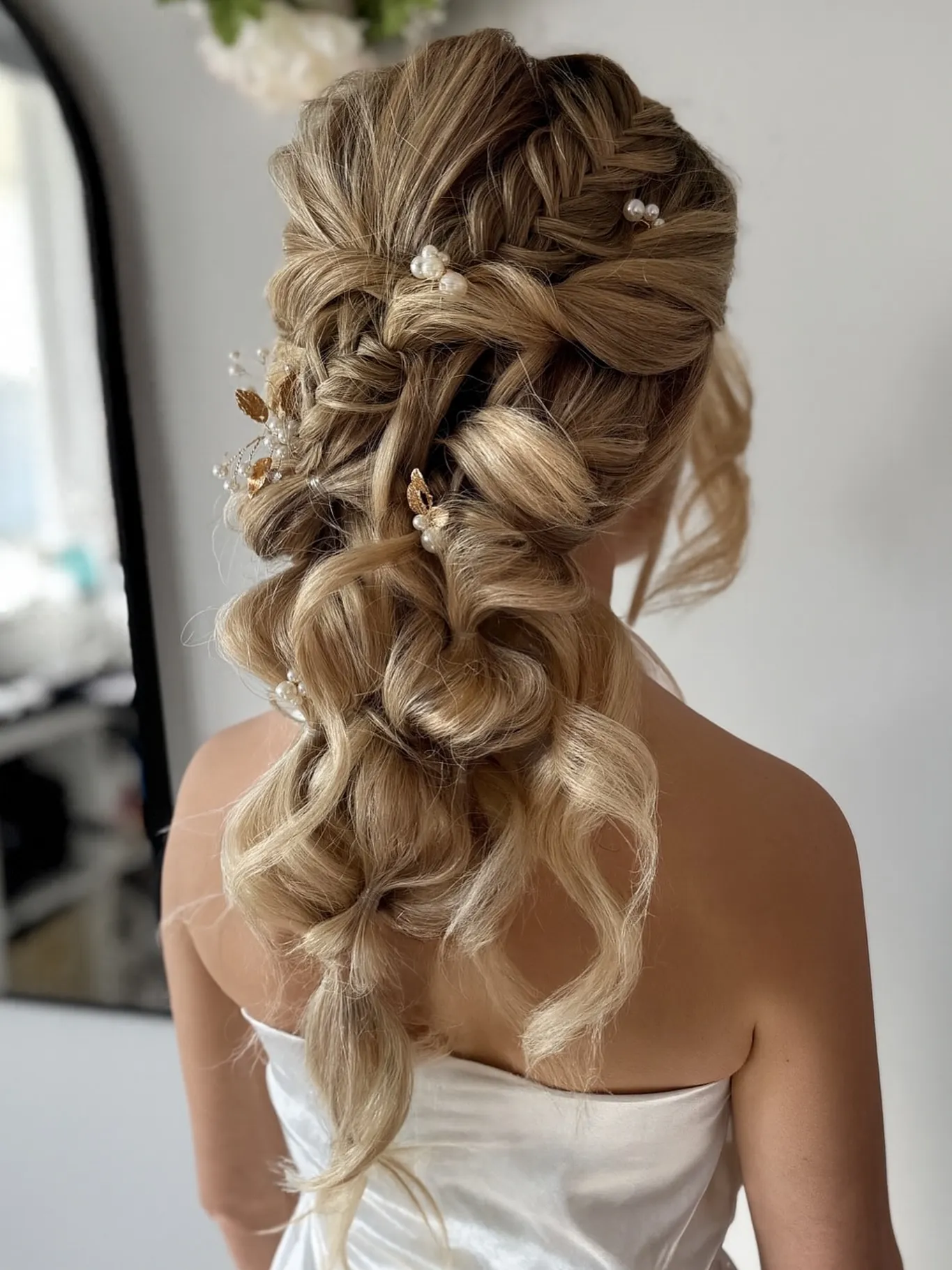 Voluminous curled low ponytail with pearl and leaf details