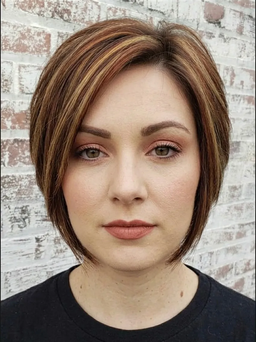 Side-parted short A-line bob with highlighted front pieces