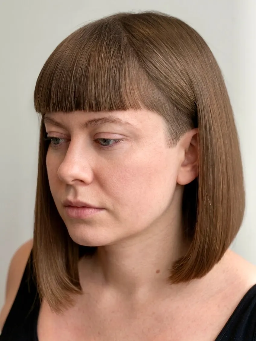Straight A-line bob with blunt bangs and side undercut