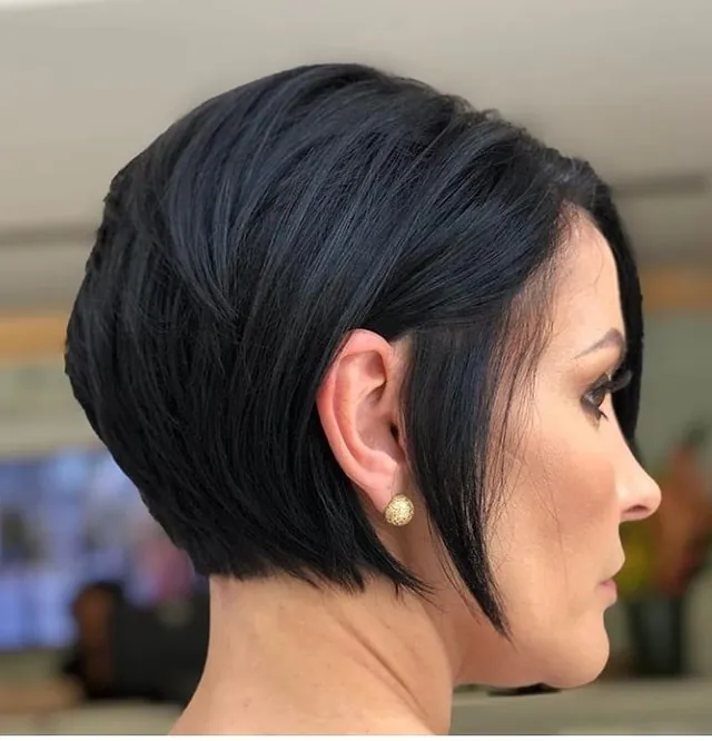 Short stacked A-line bob with long front section