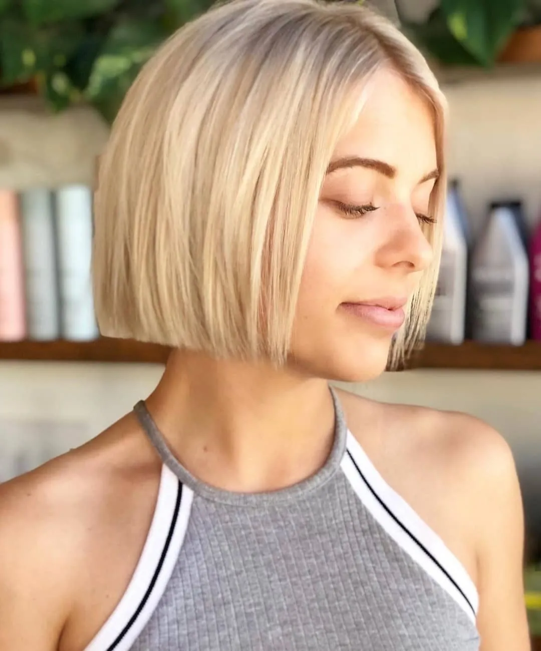 Blunt chin-length A-line bob with straight finish