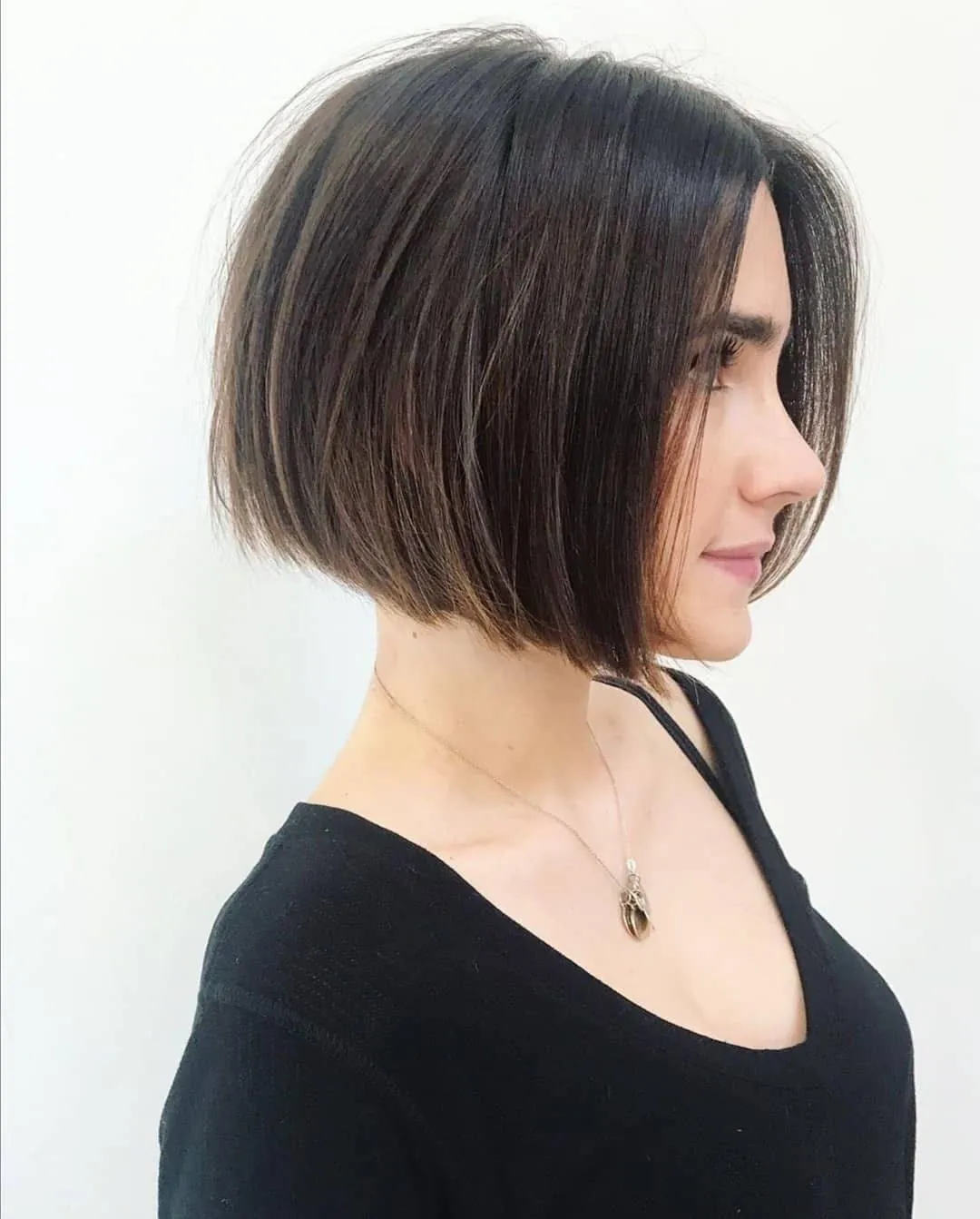 Classic dark A-line bob with softly stacked back